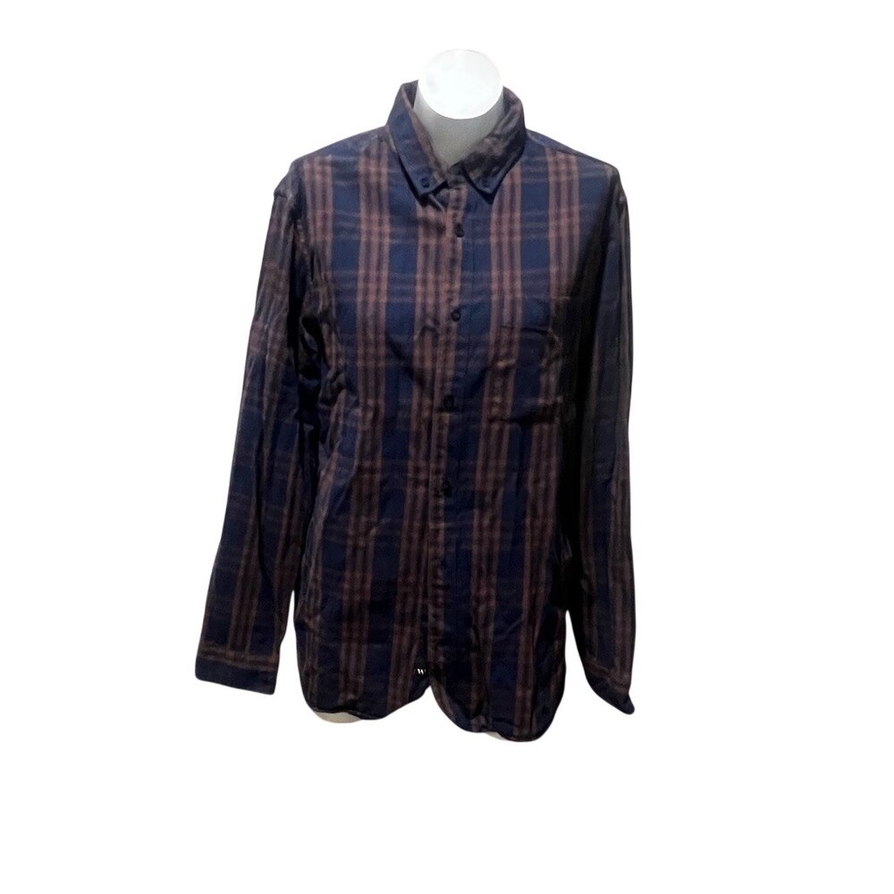 Houston White Shirt Mens Size L Blue Brown Plaid Button Front Long Sleeve